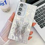 For Samsung Galaxy S24+ 5G Plating Glitter Texture Butterfly Holder TPU Phone Case with Lens Film(White Wrinkles)