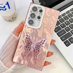 For Samsung Galaxy S24+ 5G Plating Glitter Texture Butterfly Holder TPU Phone Case with Lens Film(Pink Wrinkles)