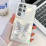 For Samsung Galaxy S24+ 5G Plating Glitter Texture Butterfly Holder TPU Phone Case with Lens Film(White Tinfoil Texture)