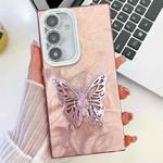 For Samsung Galaxy S24 5G Plating Glitter Texture Butterfly Holder TPU Phone Case with Lens Film(Pink Feathers)