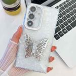 For Samsung Galaxy A25 5G Plating Glitter Texture Butterfly Holder TPU Phone Case with Lens Film(White Shell Pattern)