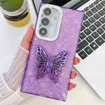 For Samsung Galaxy A25 5G Plating Glitter Texture Butterfly Holder TPU Phone Case with Lens Film(Purple Shell Pattern)