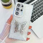 For Samsung Galaxy S23 Ultra 5G Plating Glitter Texture Butterfly Holder TPU Phone Case with Lens Film(White Shell Pattern)