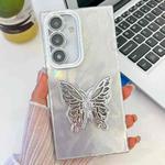 For Samsung Galaxy A36 5G Plating Glitter Texture Butterfly Holder TPU Phone Case with Lens Film(White Feather Yarn)