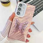 For Samsung Galaxy S25 5G Plating Glitter Texture Butterfly Holder TPU Phone Case with Lens Film(Pink Water Ripples)