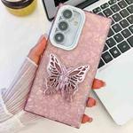 For Samsung Galaxy S25 5G Plating Glitter Texture Butterfly Holder TPU Phone Case with Lens Film(Pink Shell Pattern)