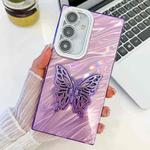 For Samsung Galaxy S25+ 5G Plating Glitter Texture Butterfly Holder TPU Phone Case with Lens Film(Purple Water Ripples)