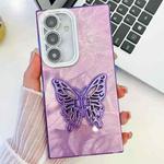 For Samsung Galaxy S25+ 5G Plating Glitter Texture Butterfly Holder TPU Phone Case with Lens Film(Purple Feathers)