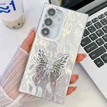 For Samsung Galaxy S25+ 5G Plating Glitter Texture Butterfly Holder TPU Phone Case with Lens Film(White Wrinkles)