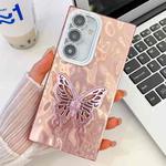 For Samsung Galaxy S25+ 5G Plating Glitter Texture Butterfly Holder TPU Phone Case with Lens Film(Pink Wrinkles)