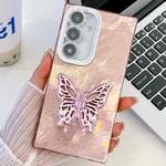 For Samsung Galaxy S25+ 5G Plating Glitter Texture Butterfly Holder TPU Phone Case with Lens Film(Pink Tinfoil Texture)