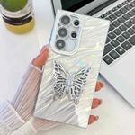 For Samsung Galaxy S25 Ultra 5G Plating Glitter Texture Butterfly Holder TPU Phone Case with Lens Film(White Water Ripples)