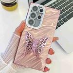 For Samsung Galaxy S25 Ultra 5G Plating Glitter Texture Butterfly Holder TPU Phone Case with Lens Film(Pink Water Ripples)