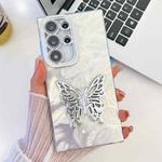 For Samsung Galaxy S25 Ultra 5G Plating Glitter Texture Butterfly Holder TPU Phone Case with Lens Film(White Feathers)