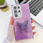 For Samsung Galaxy S25 Ultra 5G Plating Glitter Texture Butterfly Holder TPU Phone Case with Lens Film(Purple Feather Yarn)