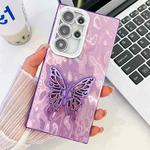 For Samsung Galaxy S25 Ultra 5G Plating Glitter Texture Butterfly Holder TPU Phone Case with Lens Film(Purple Wrinkles)