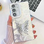 For Samsung Galaxy A16 5G Plating Glitter Texture Butterfly Holder TPU Phone Case with Lens Film(White Feathers)