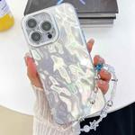 For iPhone 16 Pro Max Plating Glitter Texture Chain Wristband TPU Phone Case with Lens Film(White Wrinkles)