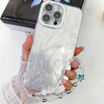 For iPhone 16 Plus Plating Glitter Texture Chain Wristband TPU Phone Case with Lens Film(White Feather Yarn)