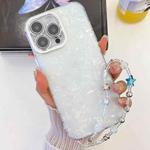 For iPhone 16 Plating Glitter Texture Chain Wristband TPU Phone Case with Lens Film(White Shell Pattern)