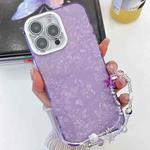 For iPhone 16 Plating Glitter Texture Chain Wristband TPU Phone Case with Lens Film(Purple Shell Pattern)