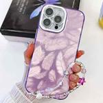 For iPhone 15 Plating Glitter Texture Chain Wristband TPU Phone Case with Lens Film(Purple Feathers)