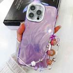 For iPhone 15 Plating Glitter Texture Chain Wristband TPU Phone Case with Lens Film(Purple Feather Yarn)