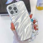 For iPhone 14 Plating Glitter Texture Chain Wristband TPU Phone Case with Lens Film(White Water Ripples)