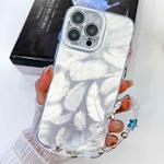 For iPhone 14 Pro Max Plating Glitter Texture Chain Wristband TPU Phone Case with Lens Film(White Feathers)