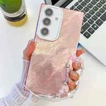 For Samsung Galaxy S24 FE 5G Plating Glitter Texture Chain Wristband TPU Phone Case with Lens Film(Pink Tinfoil Texture)