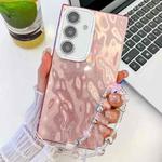 For Samsung Galaxy A55 5G Plating Glitter Texture Chain Wristband TPU Phone Case with Lens Film(Pink Wrinkles)