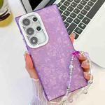 For Samsung Galaxy S24 Ultra 5G Plating Glitter Texture Chain Wristband TPU Phone Case with Lens Film(Purple Shell Pattern)