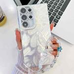 For Samsung Galaxy S24 Ultra 5G Plating Glitter Texture Chain Wristband TPU Phone Case with Lens Film(White Feathers)