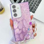 For Samsung Galaxy S24 5G Plating Glitter Texture Chain Wristband TPU Phone Case with Lens Film(Purple Feathers)