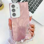 For Samsung GalaxyA36 5G Plating Glitter Texture Chain Wristband TPU Phone Case with Lens Film(Pink Feather Yarn)