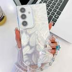 For Samsung Galaxy S25+ 5G Plating Glitter Texture Chain Wristband TPU Phone Case with Lens Film(White Feathers)