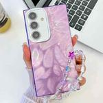 For Samsung Galaxy S25+ 5G Plating Glitter Texture Chain Wristband TPU Phone Case with Lens Film(Purple Feathers)
