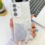 For Samsung Galaxy S25+ 5G Plating Glitter Texture Chain Wristband TPU Phone Case with Lens Film(White Feather Yarn)