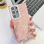 For Samsung Galaxy S25 Ultra 5G Plating Glitter Texture Chain Wristband TPU Phone Case with Lens Film(Pink Water Ripples)