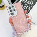 For Samsung Galaxy S25 Ultra 5G Plating Glitter Texture Chain Wristband TPU Phone Case with Lens Film(Pink Shell Pattern)