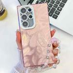 For Samsung Galaxy S25 Ultra 5G Plating Glitter Texture Chain Wristband TPU Phone Case with Lens Film(Pink Feathers)