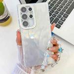 For Samsung Galaxy S25 Ultra 5G Plating Glitter Texture Chain Wristband TPU Phone Case with Lens Film(White Feather Yarn)