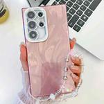 For Samsung Galaxy S25 Ultra 5G Plating Glitter Texture Chain Wristband TPU Phone Case with Lens Film(Pink Feather Yarn)