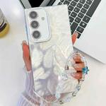 For Samsung Galaxy A16 5G Plating Glitter Texture Chain Wristband TPU Phone Case with Lens Film(White Feathers)