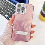 For iPhone 16 Pro Plating Glitter Texture Fold Holder TPU Phone Case with Lens Film(Pink Feather Yarn)