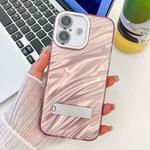 For iPhone 16 Plus Plating Glitter Texture Fold Holder TPU Phone Case with Lens Film(Pink Water Ripples)