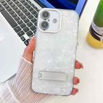 For iPhone 16 Plus Plating Glitter Texture Fold Holder TPU Phone Case with Lens Film(White Shell Pattern)