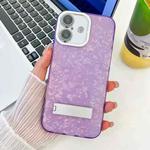 For iPhone 16 Plus Plating Glitter Texture Fold Holder TPU Phone Case with Lens Film(Purple Shell Pattern)