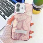 For iPhone 16 Plus Plating Glitter Texture Fold Holder TPU Phone Case with Lens Film(Pink Feathers)