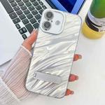 For iPhone 16 Plating Glitter Texture Fold Holder TPU Phone Case with Lens Film(White Water Ripples)